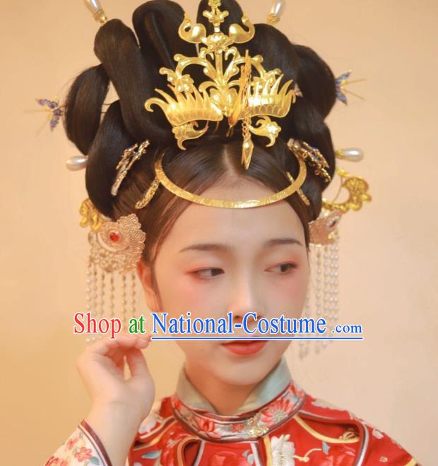 Chinese Classical Ancient Bride Wedding Phoenix Hairpins Women Hanfu Hair Accessories Handmade Tang Dynasty Court Golden Hair Crown Full Set