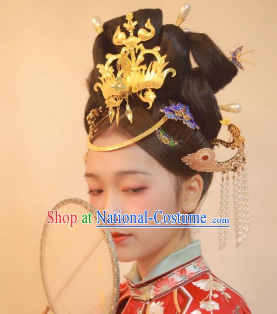 Chinese Classical Ancient Bride Wedding Phoenix Hairpins Women Hanfu Hair Accessories Handmade Tang Dynasty Court Golden Hair Crown Full Set