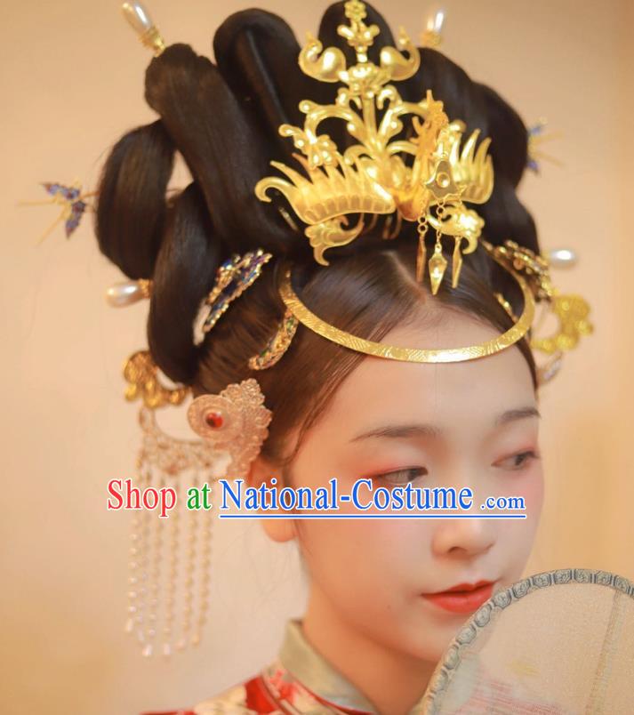 Chinese Classical Ancient Bride Wedding Phoenix Hairpins Women Hanfu Hair Accessories Handmade Tang Dynasty Court Golden Hair Crown Full Set