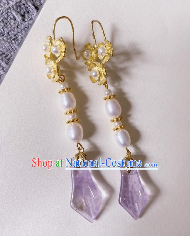 Handmade Chinese Classical Pearls Eardrop Cheongsam Amethyst Ear Accessories Ancient Hanfu Golden Earrings