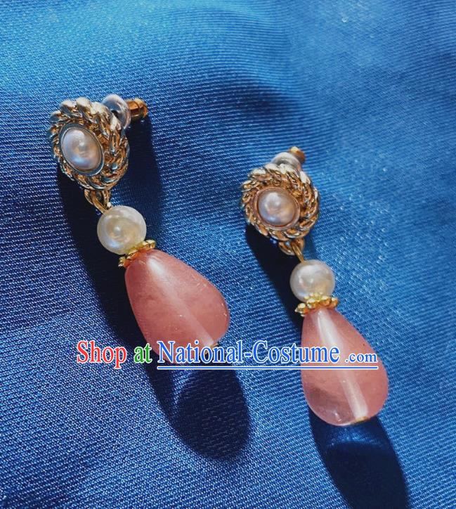 Handmade Chinese Classical Court Eardrop Cheongsam Ear Accessories Ancient Hanfu Pink Stone Earrings