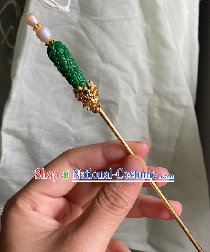 Chinese Song Dynasty Court Pearls Hairpin Handmade Ancient Empress Hanfu Hair Accessories Green Carving Hair Clip