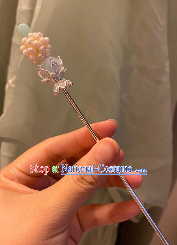 Chinese Ancient Court Empress Pearls Hairpin Handmade Hanfu Hair Accessories Argent Hair Clip