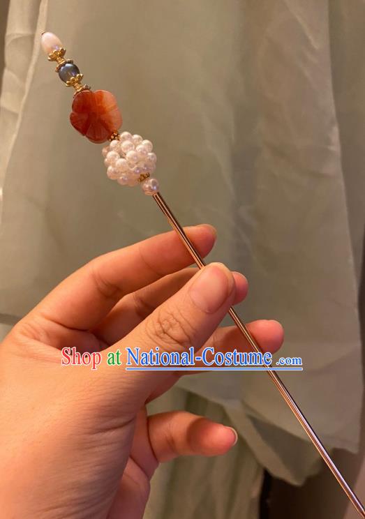 Chinese Ancient Court Empress Pearls Hairpin Handmade Hanfu Hair Accessories Agate Hair Clip