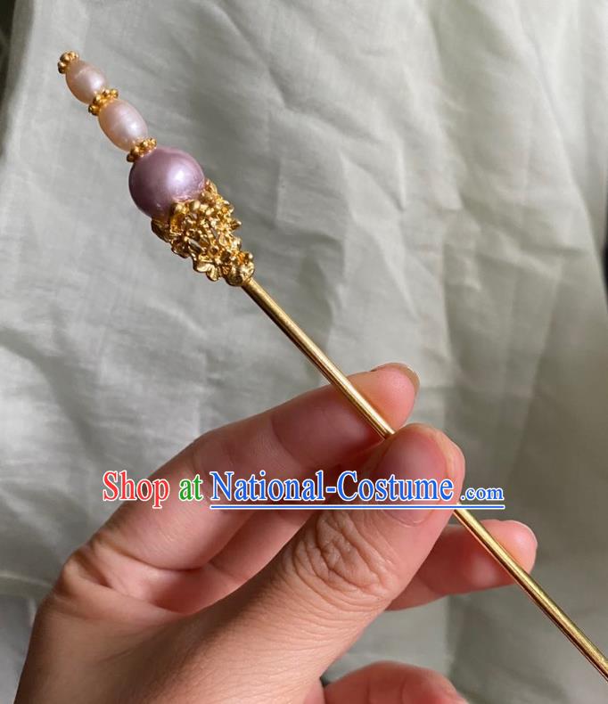 Chinese Ancient Court Empress Purple Bead Hairpin Handmade Hanfu Hair Accessories Qing Dynasty Golden Hair Clip