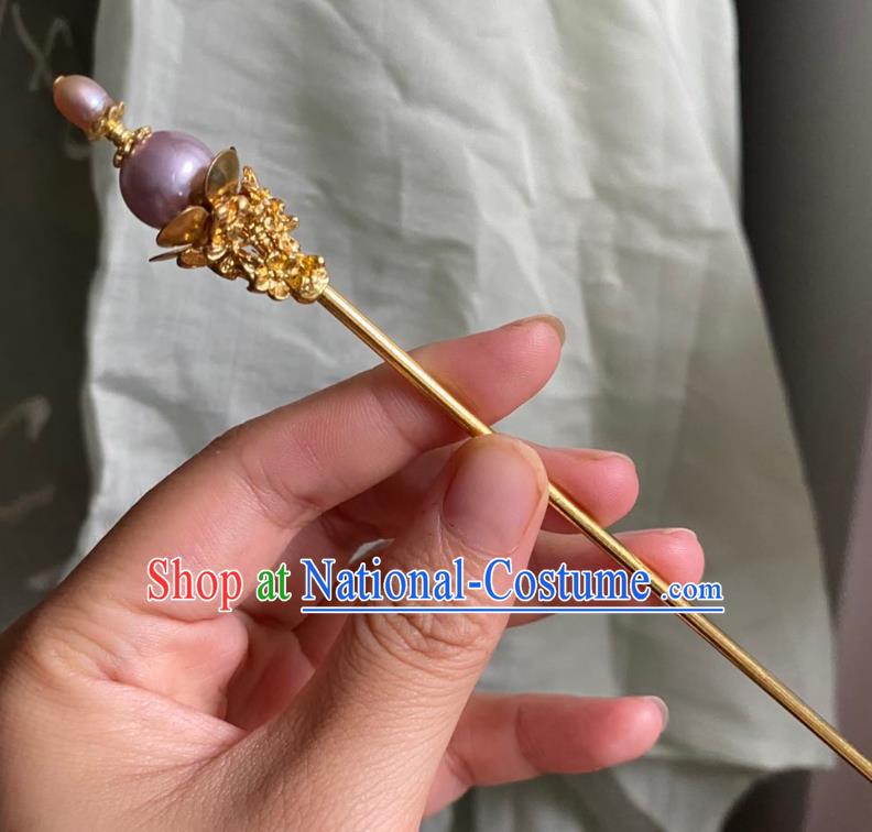 Chinese Ancient Court Golden Hairpin Handmade Hanfu Hair Accessories Qing Dynasty Pink Pearls Hair Clip