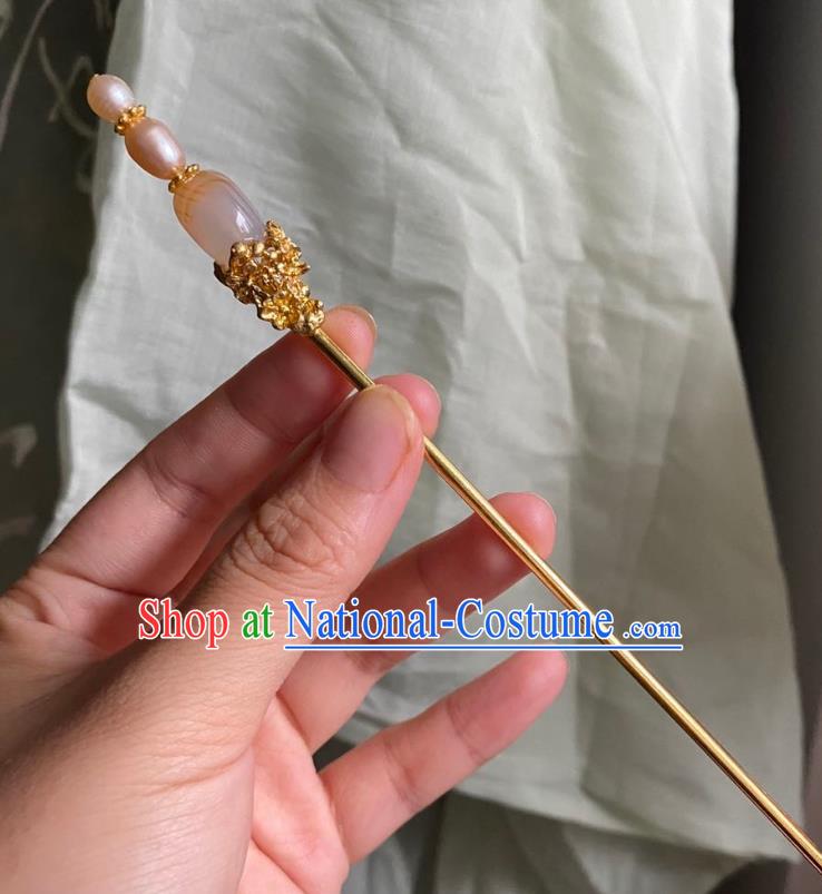 Chinese Ancient Court Empress Pink Pearls Hairpin Handmade Hanfu Hair Accessories Qing Dynasty Chalcedony Hair Clip