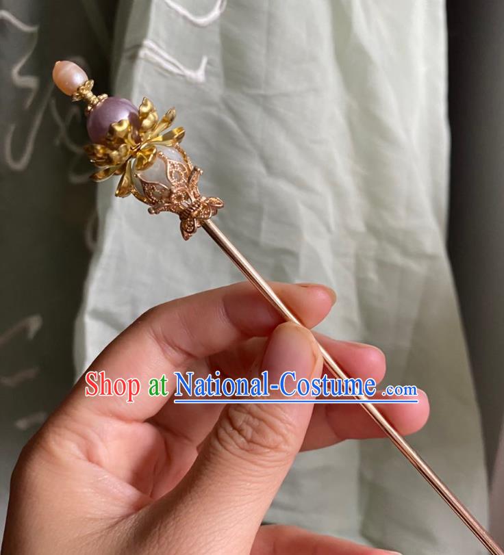 Chinese Ancient Court Golden Lotus Hairpin Handmade Hanfu Hair Accessories Qing Dynasty Stone Hair Clip