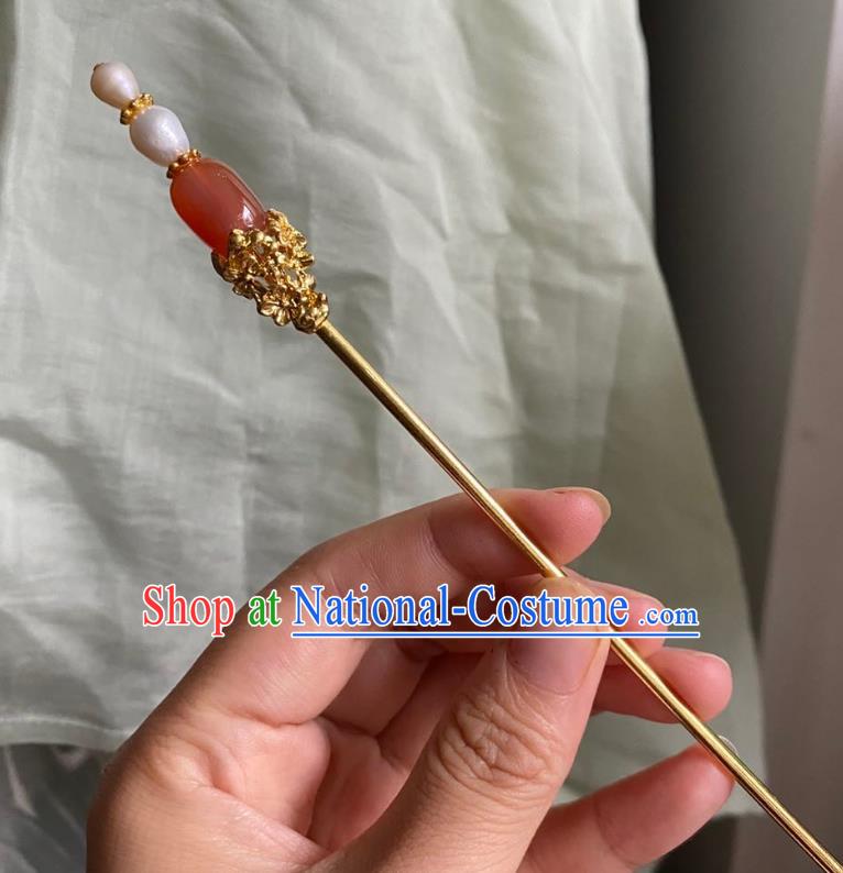 Chinese Ancient Court Agate Hairpin Handmade Hanfu Hair Accessories Qing Dynasty Pearls Hair Clip