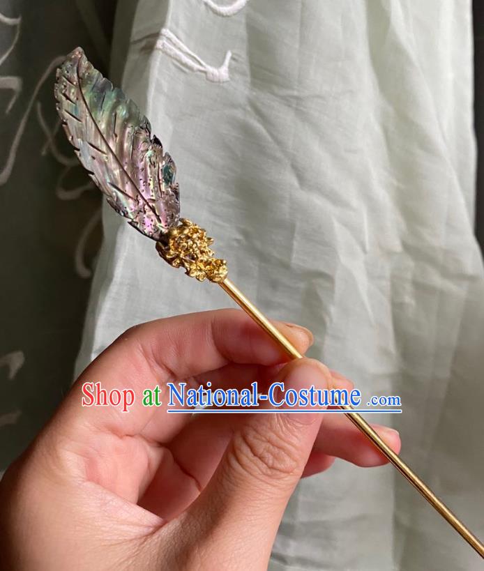 Chinese Ancient Court Golden Hairpin Handmade Hanfu Hair Accessories Qing Dynasty Grey Leaf Hair Clip