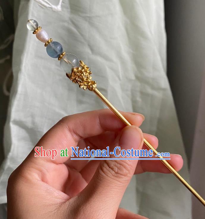 Chinese Ancient Court Blue Beads Hairpin Handmade Hanfu Hair Accessories Qing Dynasty Golden Hair Clip