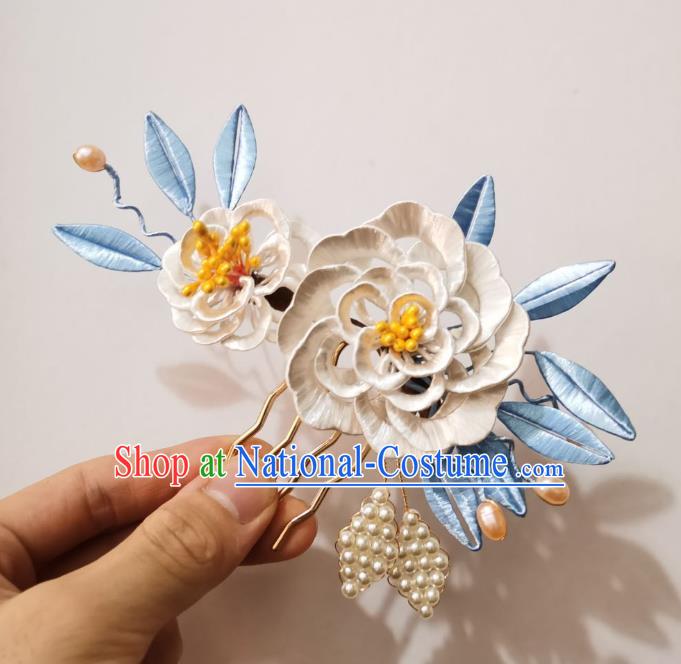 Chinese Classical Ancient Princess White Silk Peony Hair Comb Women Hanfu Hair Accessories Handmade Qing Dynasty Pearls Hairpin