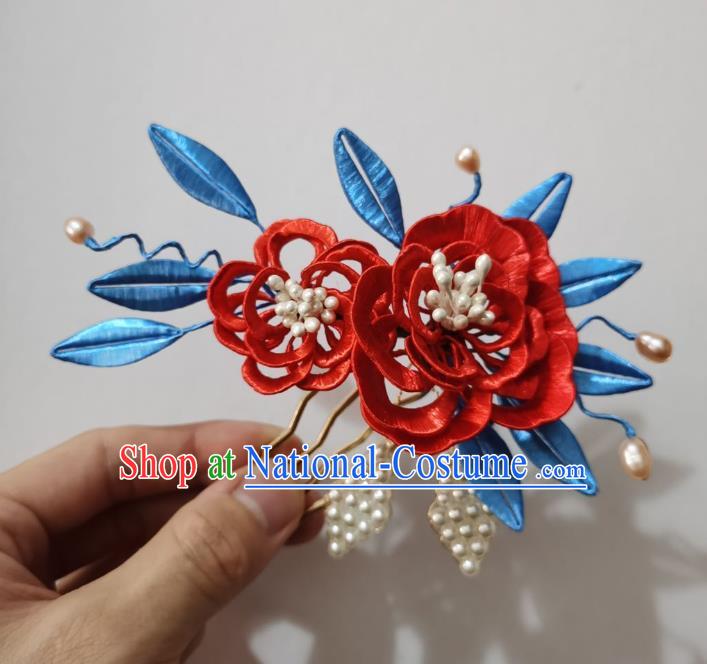 Chinese Classical Qing Dynasty Princess Hair Comb Women Hanfu Hair Accessories Handmade Ancient Pearls Red Silk Peony Hairpin