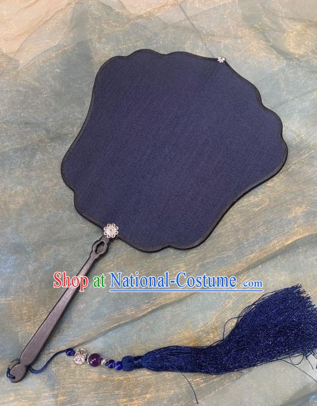 Chinese Classical Hanfu Princess Wedding Fan Ancient Song Dynasty Wood Handle Palace Fans Navy Silk Fans