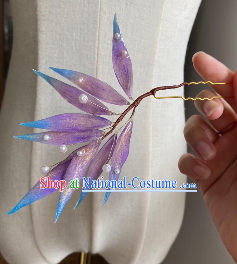 Chinese Ancient Court Purple Bamboo Leaf Hairpin Hanfu Hair Accessories Handmade Hair Clip