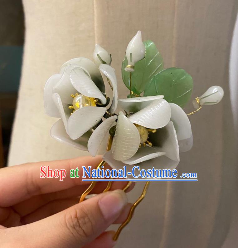 Chinese Classical Ming Dynasty White Camellia Hair Comb Women Hanfu Hair Accessories Handmade Ancient Princess Flowers Hairpin