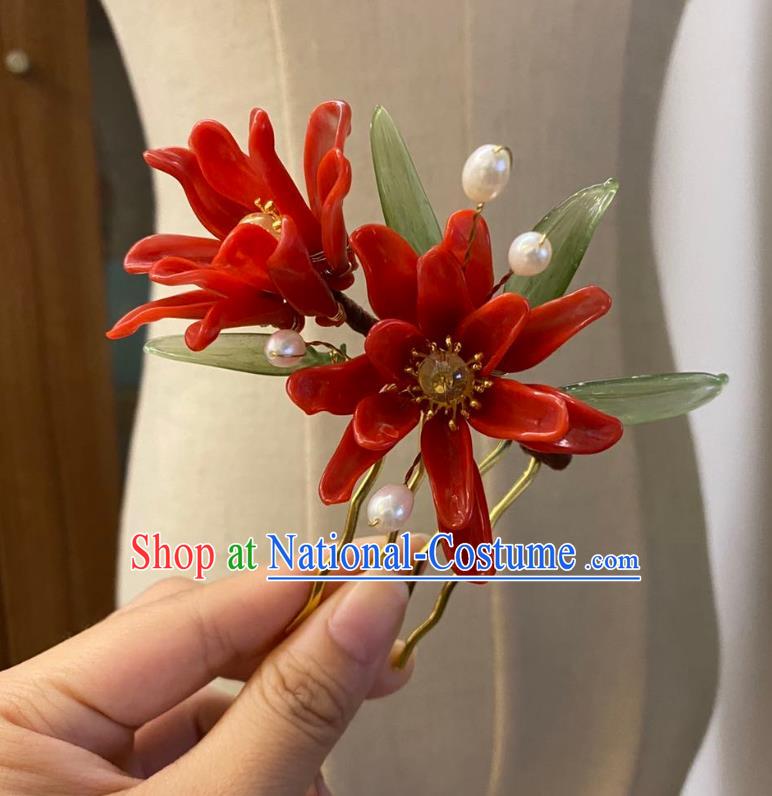 Chinese Classical Red Lily Flowers Hair Comb Women Hanfu Hair Accessories Handmade Ancient Ming Dynasty Princess Hairpin