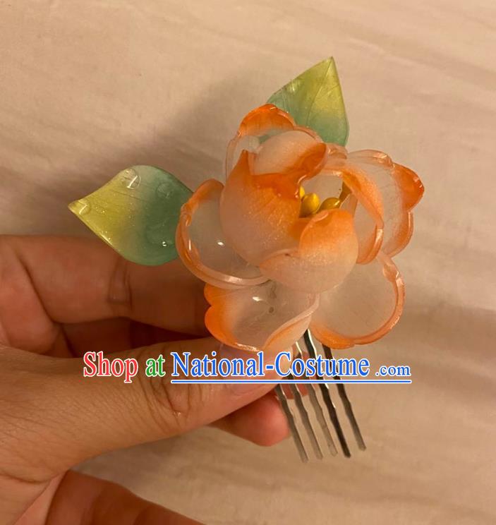 Chinese Ancient Palace Lady Rose Hairpin Hanfu Hair Accessories Handmade Orange Flower Hair Comb