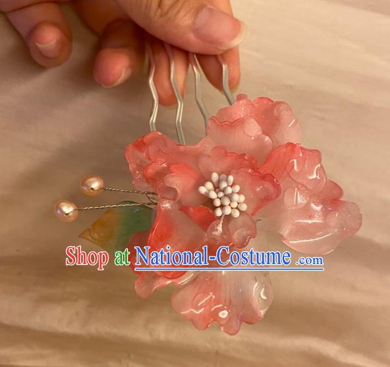 Chinese Ancient Palace Lady Pink Peony Hairpin Hanfu Hair Accessories Handmade Pearl Hair Comb