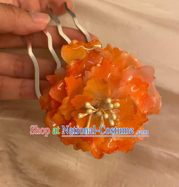 Chinese Ancient Palace Lady Flowers Hairpin Hanfu Hair Accessories Handmade Orange Peony Hair Comb