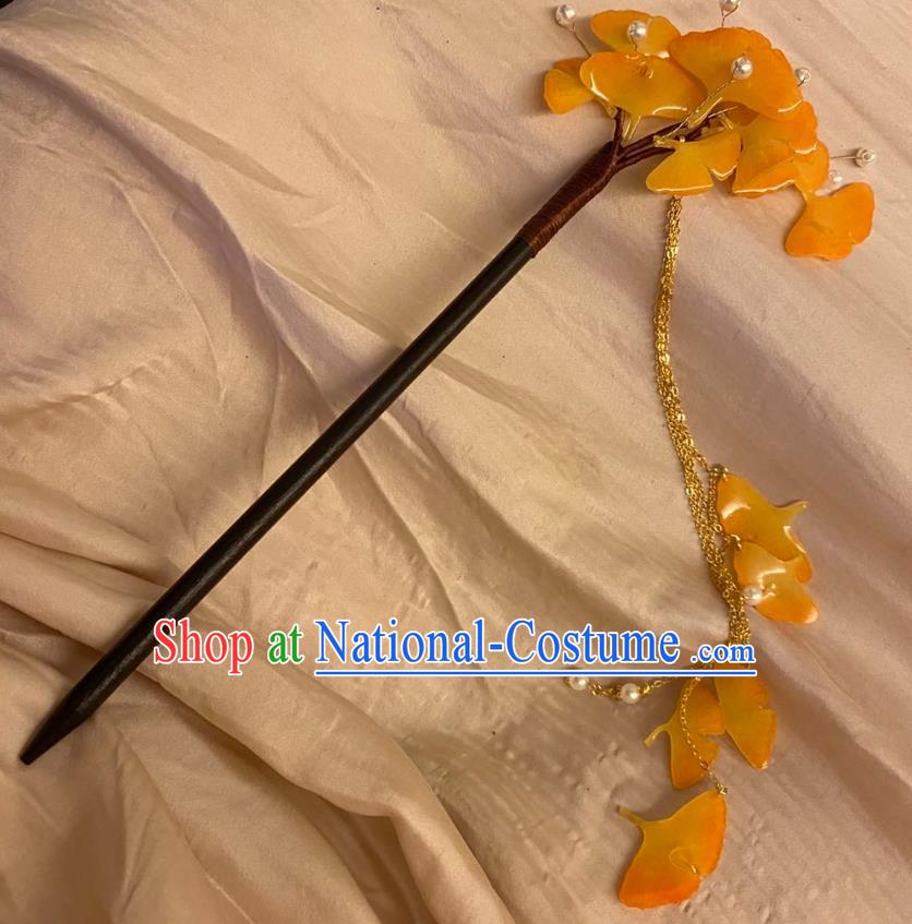 Chinese Ancient Palace Lady Ginkgo Leaf Hairpin Hanfu Hair Accessories Handmade Ebony Wood Tassel Hair Clip