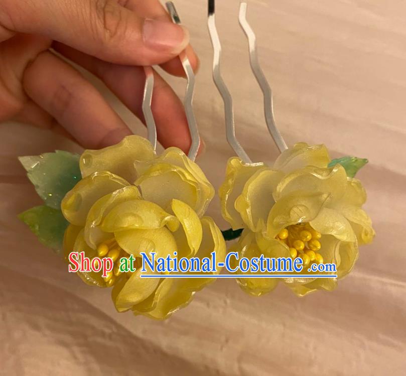 Chinese Ancient Palace Lady Peony Hairpin Hanfu Hair Accessories Handmade Yellow Flowers Hair Comb