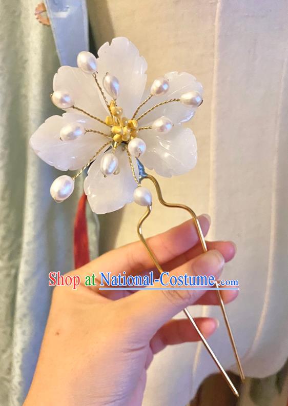 Chinese Classical Pearls Hair Clip Women Hanfu Hair Accessories Handmade Ancient Ming Dynasty White Flowers Hairpin