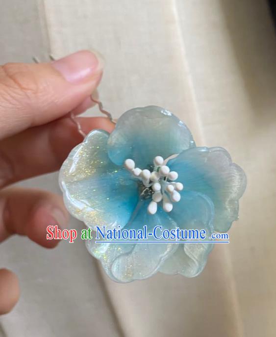 Chinese Ancient Palace Lady Argent Hairpin Hanfu Hair Accessories Handmade Blue Peach Blossom Hair Clip