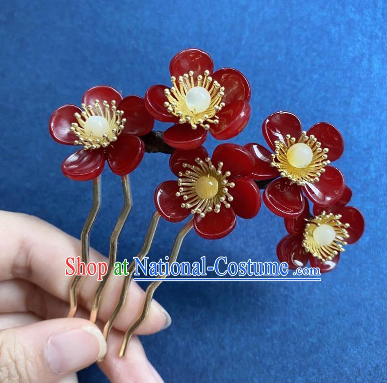 Chinese Classical Red Plum Hair Comb Handmade Ancient Song Dynasty Hairpin Women Hanfu Hair Accessories