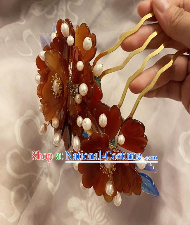 Chinese Classical Agate Peony Hair Comb Handmade Ancient Song Dynasty Pearls Hairpin Women Hanfu Hair Accessories