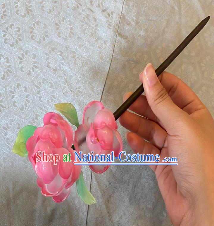 Chinese Classical Wood Hair Clip Handmade Ancient Princess Pink Peach Blossom Hairpin Women Hanfu Hair Accessories