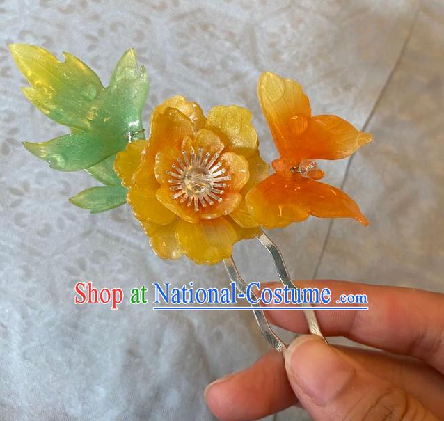 Chinese Classical Yellow Peony Butterfly Hair Clip Handmade Ancient Princess Hairpin Women Hanfu Hair Accessories