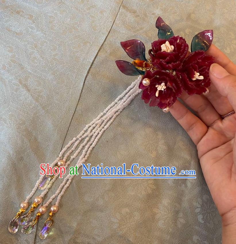 Chinese Women Classical Long Tassel Hair Claw Handmade Ancient Princess Hanfu Hair Accessories Red Flowers Hairpin