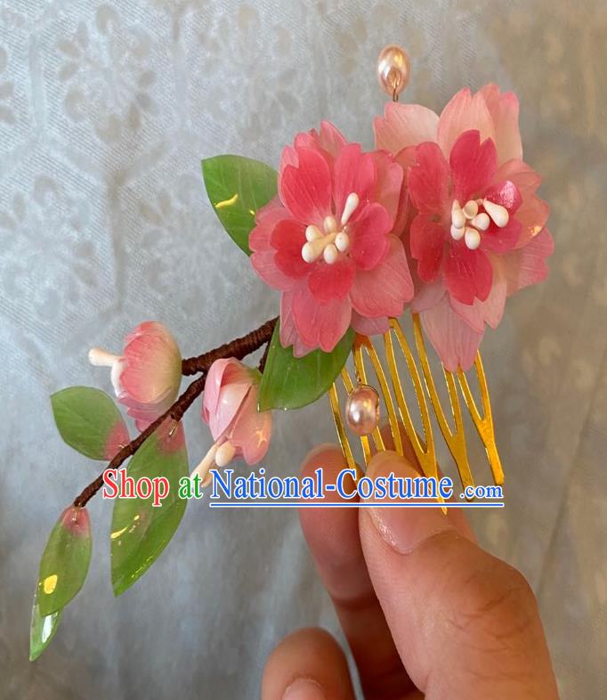 Chinese Women Classical Pink Flowers Hair Comb Handmade Ancient Princess Hanfu Hair Accessories Hairpin