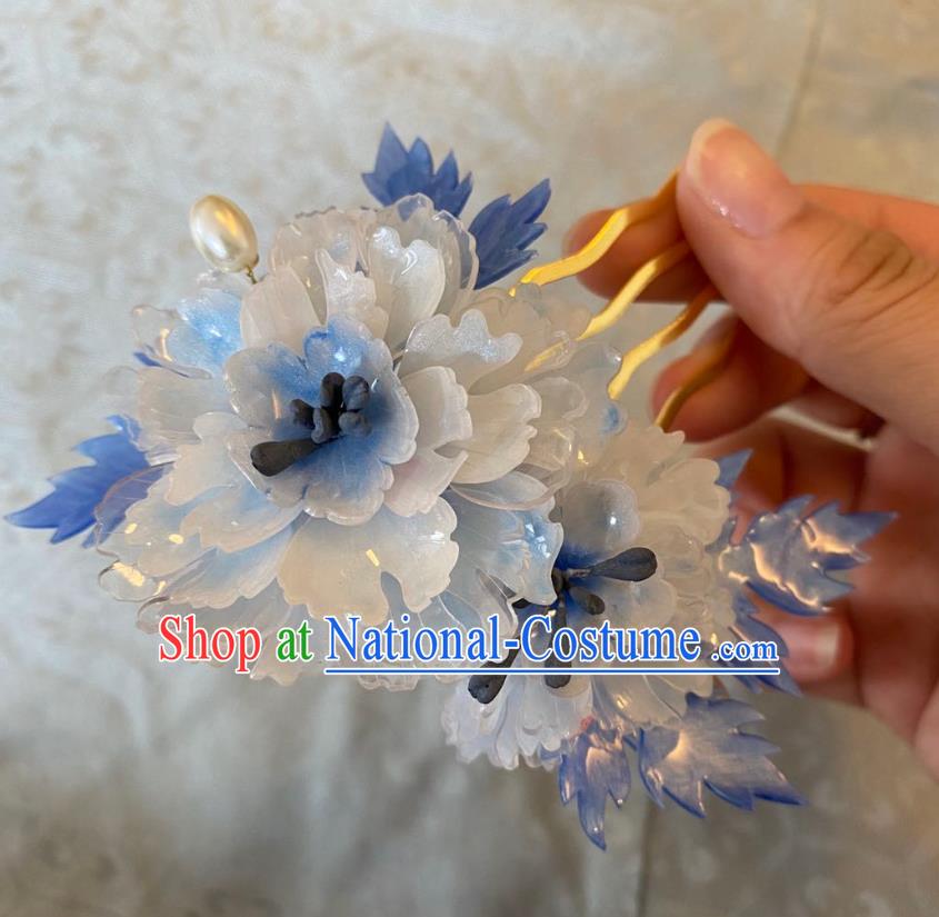 Chinese Women Classical Blue Peony Hair Comb Handmade Ancient Princess Hanfu Hair Accessories Flowers Hairpin