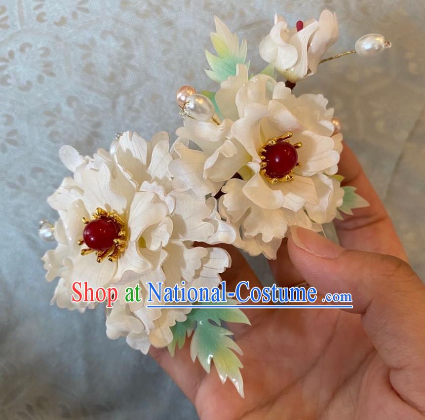 Chinese Women Classical White Peony Hair Comb Handmade Ancient Princess Hanfu Hair Accessories Agate Bead Hairpin