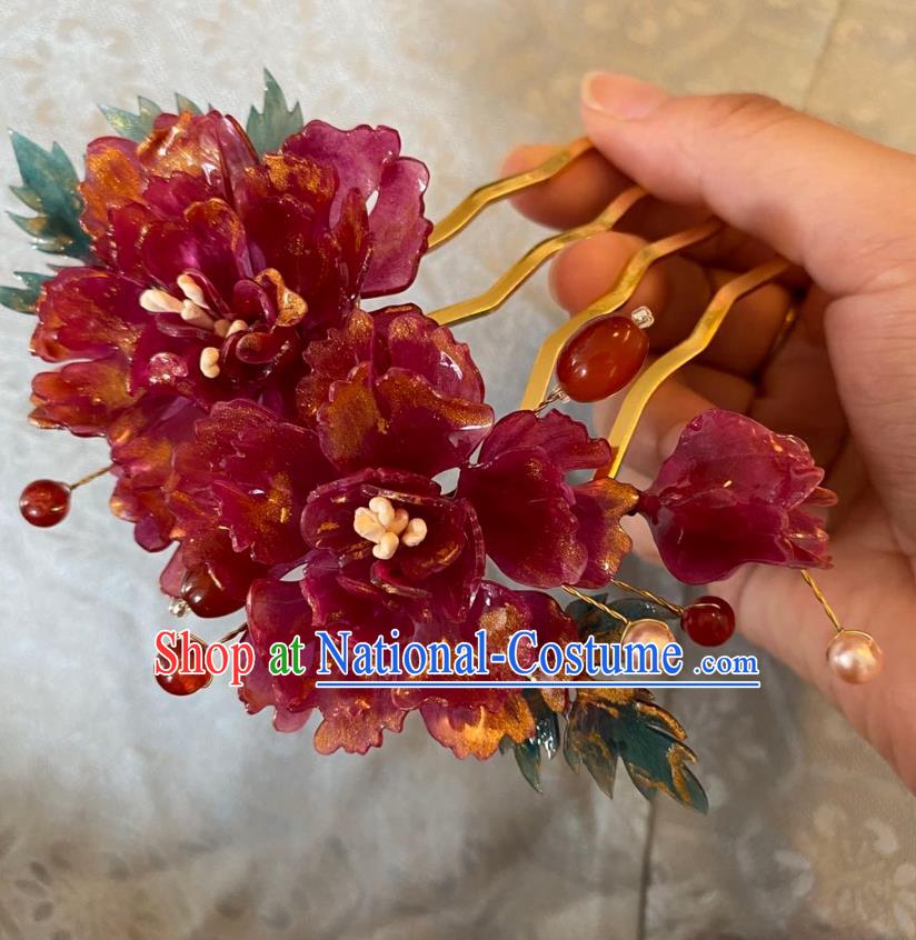 Chinese Women Classical Wine Red Peony Hair Comb Handmade Ancient Princess Hanfu Hair Accessories Hairpin