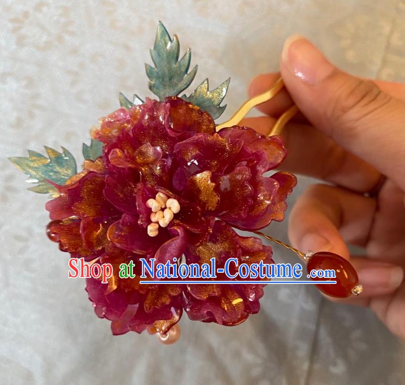 Chinese Women Classical Hair Clip Handmade Ancient Princess Hanfu Hair Accessories Wine Red Peony Hairpin