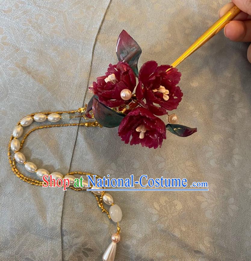 Chinese Women Classical Pearls Tassel Hair Clip Handmade Ancient Princess Hanfu Hair Accessories Wine Red Flowers Hairpin