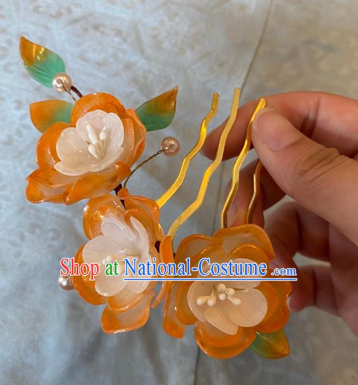 Chinese Women Classical Handmade Ancient Princess Hanfu Hair Accessories Hairpin Orange Flowers Hair Comb