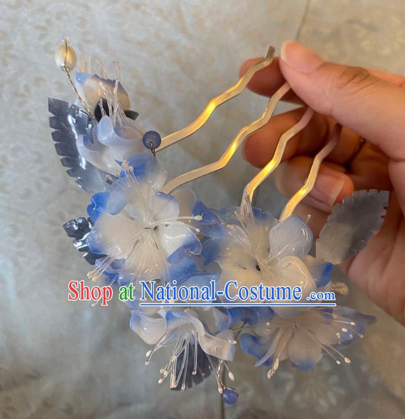 Chinese Women Classical Hairpin Handmade Ancient Princess Hanfu Hair Accessories Blue Flowers Hair Comb