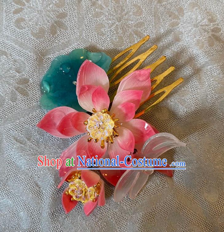 Chinese Women Classical Hairpin Handmade Ancient Princess Hanfu Hair Accessories Pink Lotus Hair Comb