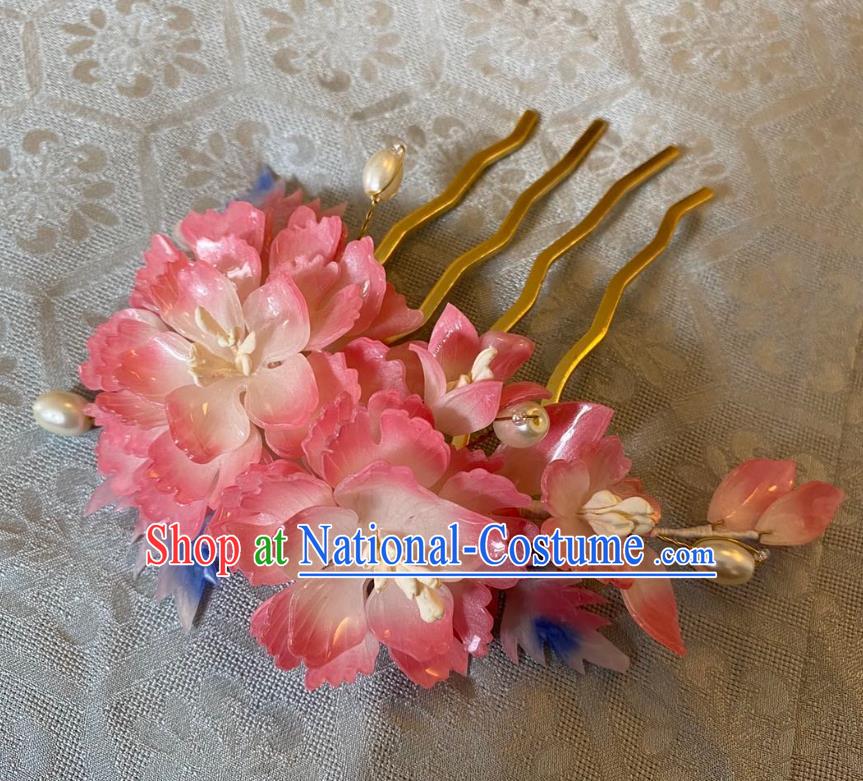 Chinese Women Classical Pearls Hairpin Handmade Ancient Princess Hanfu Hair Accessories Pink Peony Hair Comb