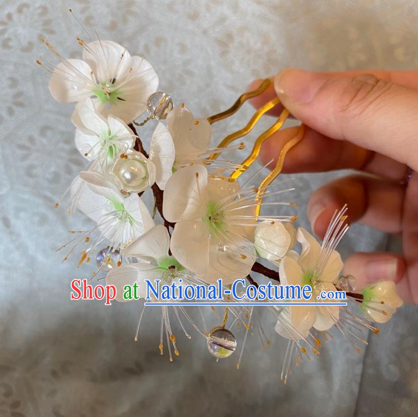 Chinese Women Classical White Flower Hairpin Handmade Ancient Princess Hanfu Hair Accessories Hair Comb