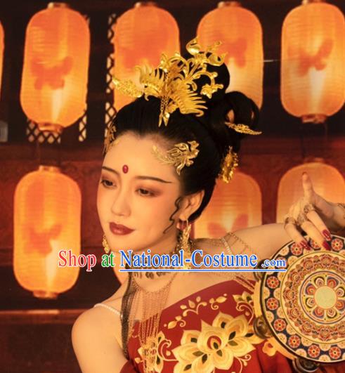 Chinese Women Classical Dance Golden Hairpin Handmade Ancient Princess Hanfu Hair Accessories Phoenix Hair Crown Complete Set