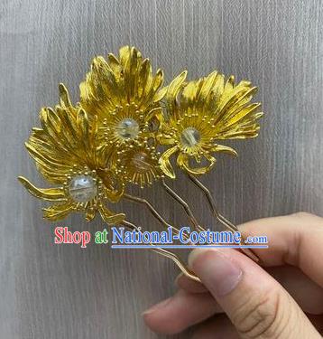 Chinese Tang Dynasty Women Classical Hairpin Handmade Ancient Princess Hanfu Hair Accessories Golden Chrysanthemum Hair Comb