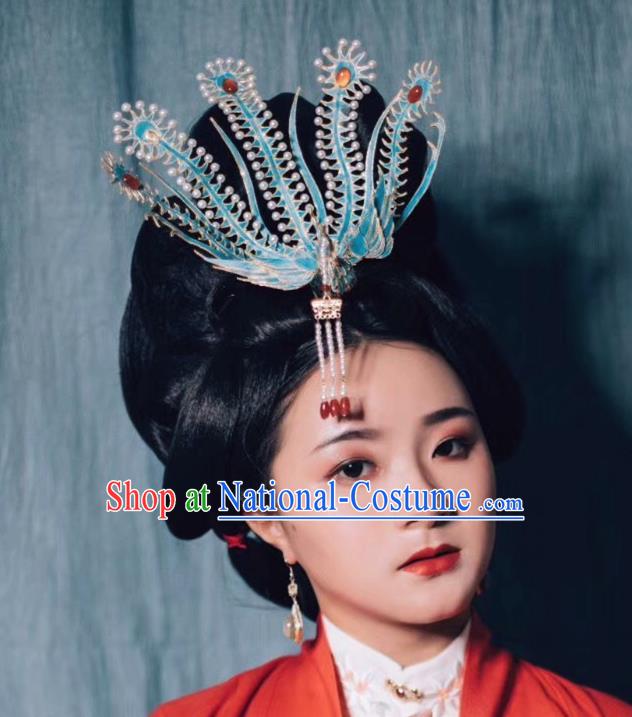 Chinese Ming Dynasty Classical Phoenix Hairpin Handmade Ancient Empress Hanfu Hair Accessories Court Women Tassel Hair Crown