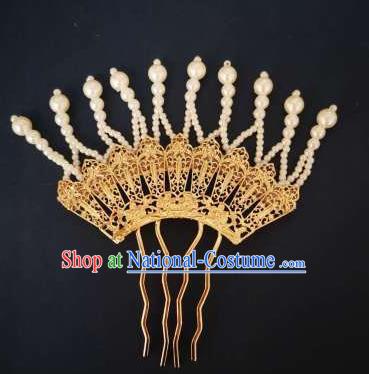 Chinese Song Dynasty Queen Golden Hairpin Handmade Classical Ancient Empress Hanfu Hair Accessories Court Women Tassel Hair Comb