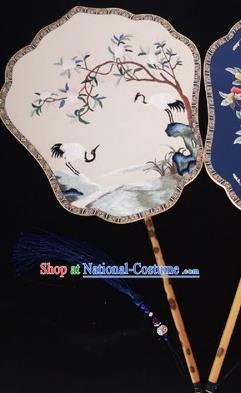 Chinese Classical White Silk Fan Ancient Song Dynasty Empress Embroidered Crane Palace Fans