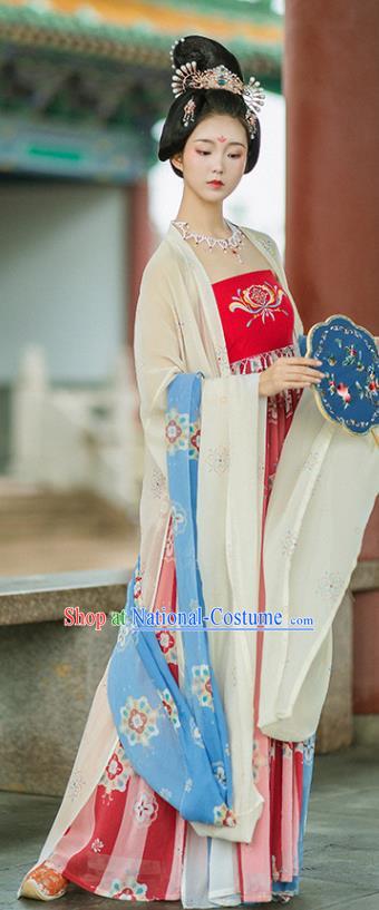 Chinese Ancient Court Princess Hanfu Dress Traditional Apparels Tang Dynasty Garment Beige Cloak and Red Dress Costumes